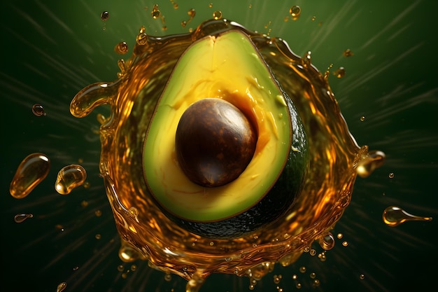 Een groene avocado is omgeven door een druppel vloeistof.