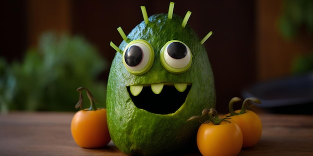 Een groene avocado met ogen en ogen zit op een aanrecht met tomaten.