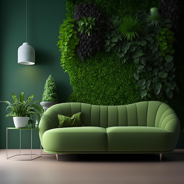 Een groene bank in een woonkamer met daarachter een plantenwand.