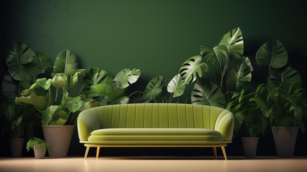 Een groene bank in een woonkamer met een groene muur met een plant op de achtergrond.