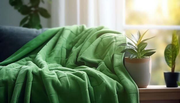 Foto een groene bedspread met een kop thee en een blad erop.