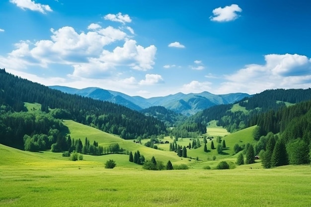 Foto een groene bergvallei met een blauwe lucht en wolken.