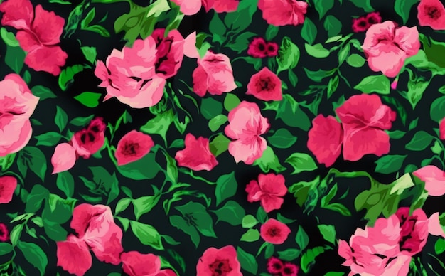 Een groene bloemenachtergrond met roze bloemen en groene bladeren.