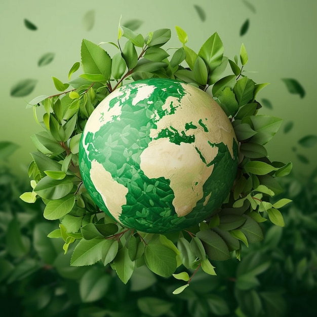 Een groene bol met bladeren eromheen groene woord groene Aardedag