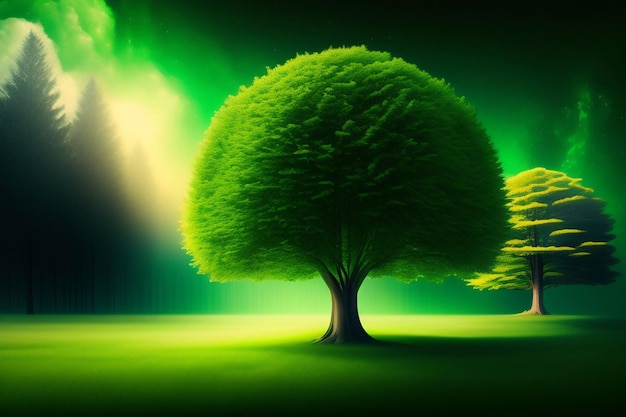 Een groene boom in een veld met een groene achtergrond.