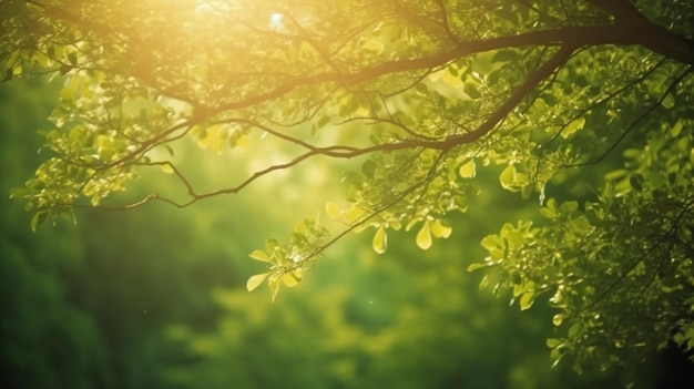 Een groene boom met bladeren op de voorgrond en rechts de zon.