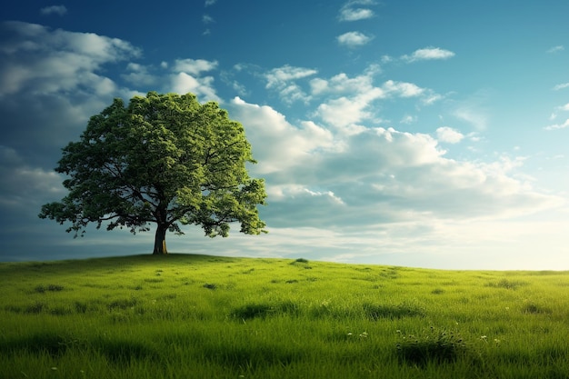 Een groene boom op een groen veld met een heldere lucht.