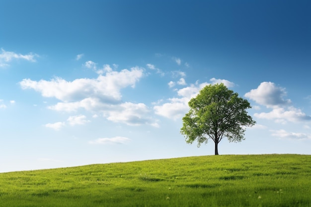 Een groene boom op een groen veld met een heldere lucht.