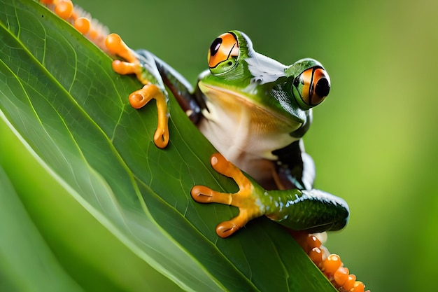 Een groene boomkikker zit op een blad.