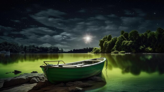 Een groene boot ligt op een meer en de maan schijnt op het water.