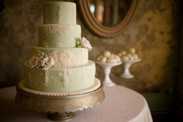 Een groene cake met witte bloemen erop