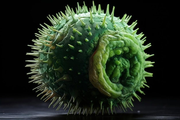 een groene cel van het griepvirus op een zwarte achtergrond driedimensionale illustratie