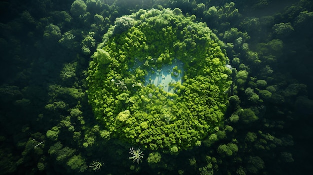 een groene cirkel omringd door bomen midden in een bos