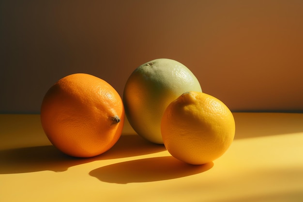 Een groene citroen en een groene citroen zitten op een gele tafel.