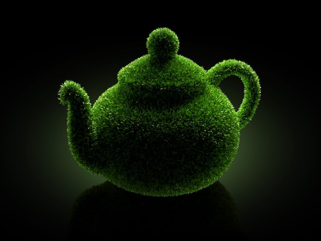 Een groene Classics theepot op een donkere achtergrond Concept van een theepot bedekt met theebladeren 3D render