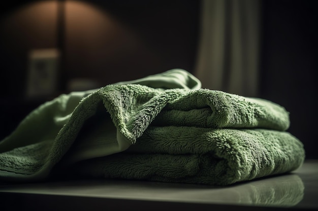 Een groene deken ligt op een tafel in een donkere kamer.