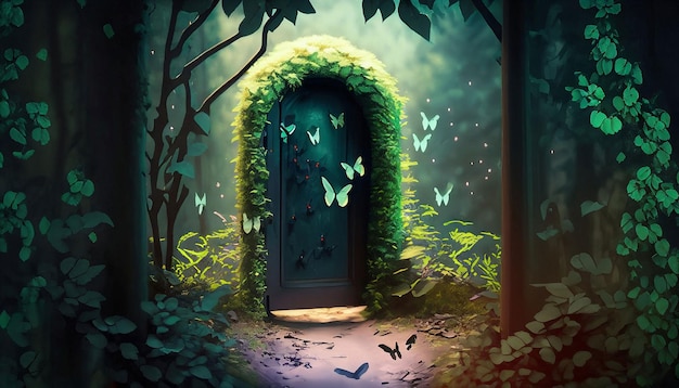 Een groene deur in een bos waar vlinders omheen vliegen.