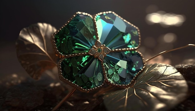 Een groene diamanten broche zit op een zwarte achtergrond met bladgoud.