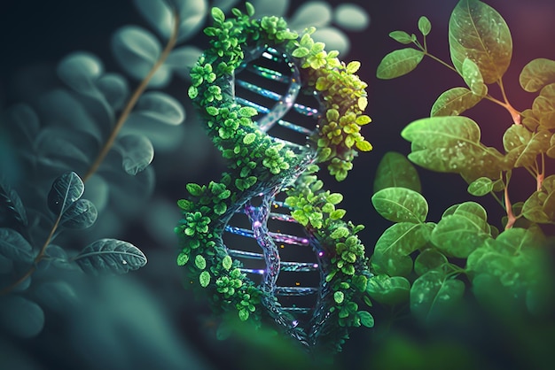 Een groene dna-streng met planten erop