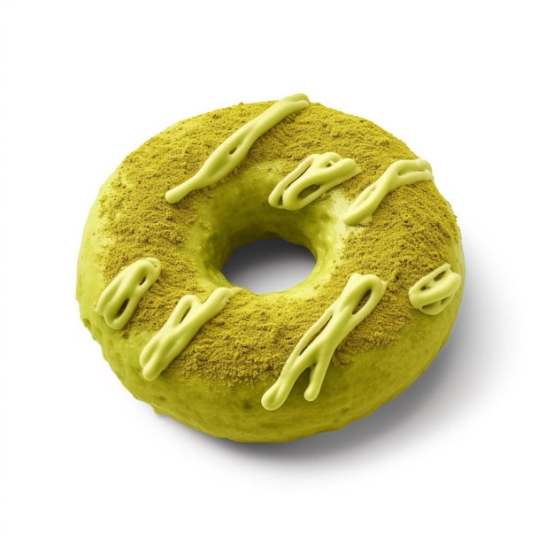 Een groene donut met geel glazuur en het woord "donut" erop.