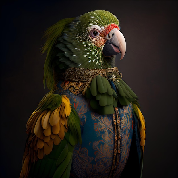 Een groene en gele papegaai met een gouden halsband en blauwe en groene veren.