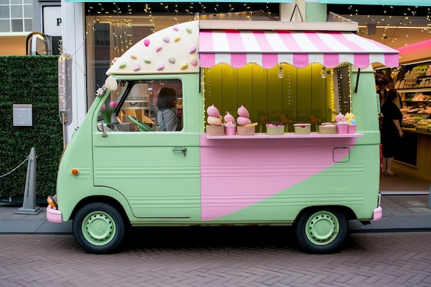 Foto een groene en roze bus met een roze dak dat zegt 