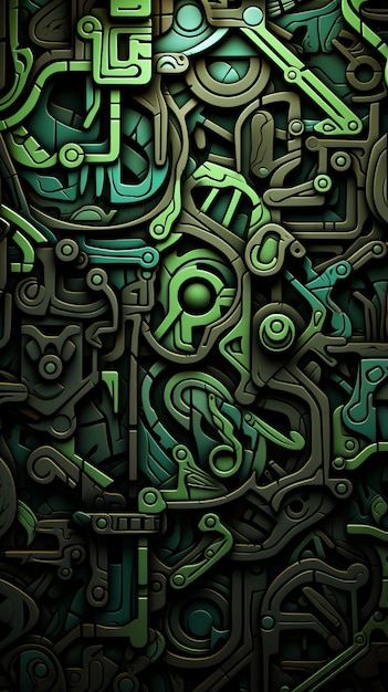 een groene en zwarte achtergrond met veel verschillende soorten objecten