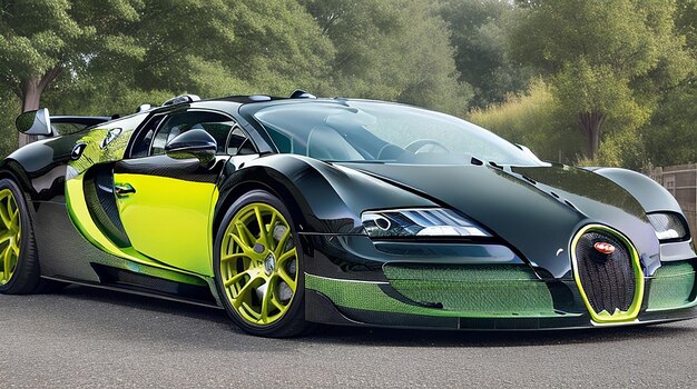 Foto een groene en zwarte bugatti veyron met een zwarte en gele verf