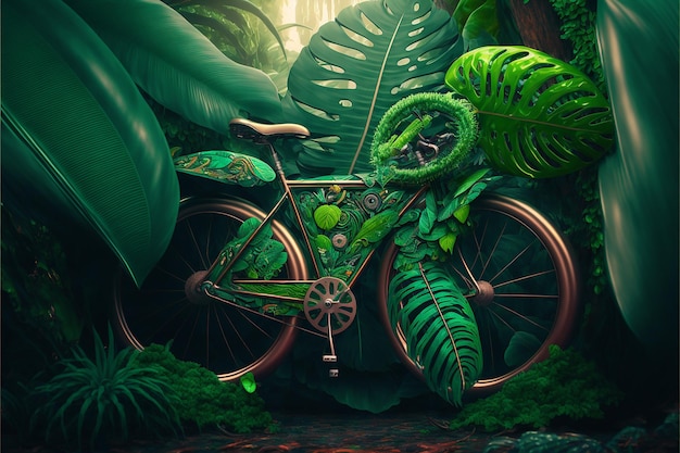 Een groene fiets met een groen blad erop