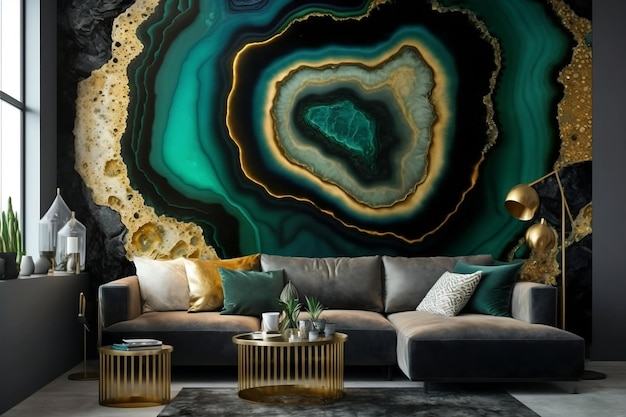 Een groene geode wordt weergegeven in een woonkamer.