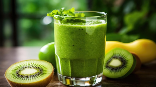 Een groene gezonde smoothie in een glas een volledig vegetarisch ontbijtmenu en een ochtendsalade met verse groenten kiwi en limoen Goede eetgewoonten voor het hele gezin