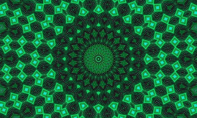 Een groene gloeiende bloemencaleidoscooppatroonachtergrond.