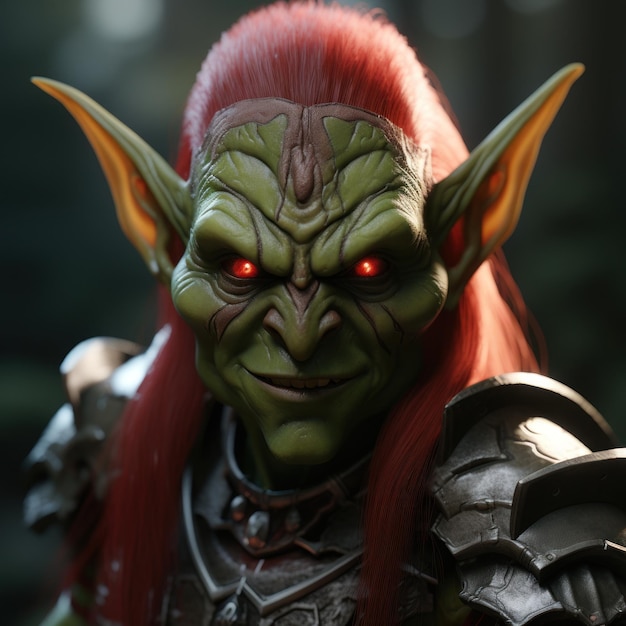 een groene goblin met rood haar en pantser