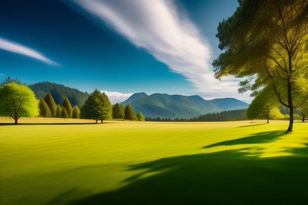 Een groene golfbaan met bomen en bergen op de achtergrond