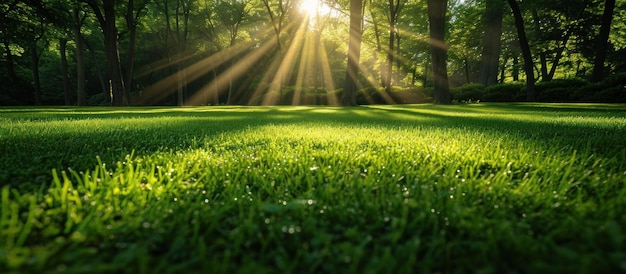 een groene grasachtergrond omringd door bomen