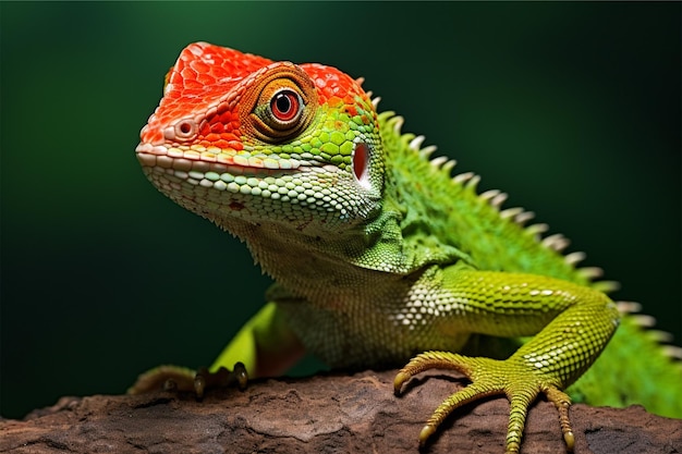 Een groene hagedis met een rood oog en een groen hoofd met een rode vlek op de top