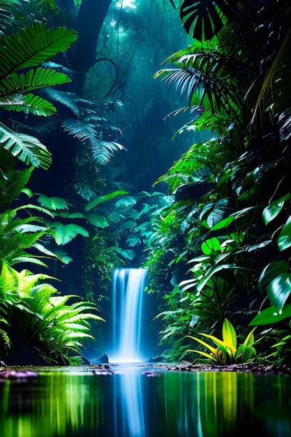Foto een groene jungle met een waterval op de achtergrond generatieve ai