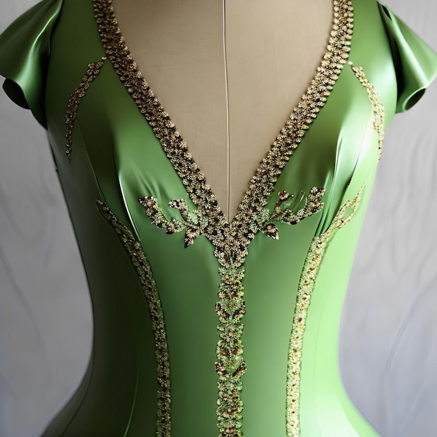 Een groene jurk met gouden kraaltjes en een gouden ketting om de hals.