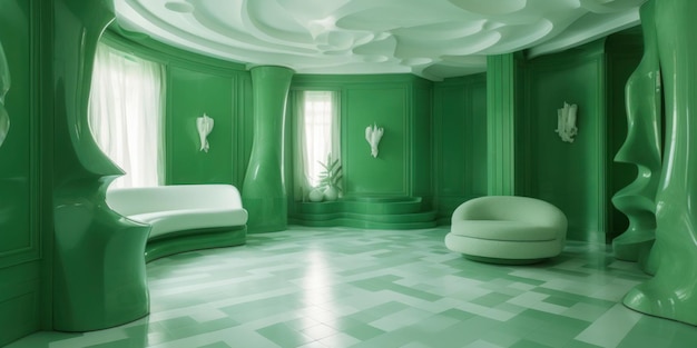 Een groene kamer met een bank en een bank erin