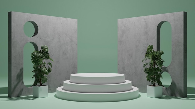 Een groene kamer met een podium en twee planten erop.