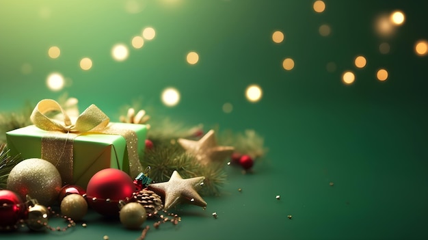 Een groene kerstachtergrond met een geschenkdoos en kerstversieringen.