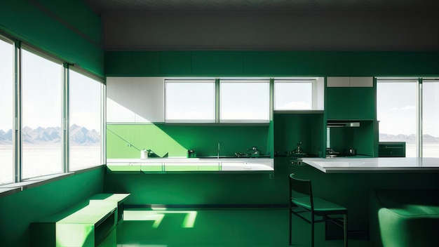 Een groene keuken met een gootsteen en een raam met de tekst 'groen'