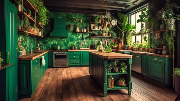 Een groene keuken met houten kasten en ingemaakte bomen