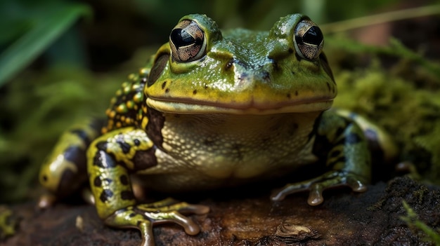 Een groene kikker met een brede grijns en een door AI gegenereerde gevlekte buik