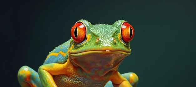 Een groene kikker met rode ogen en oranje ogen.