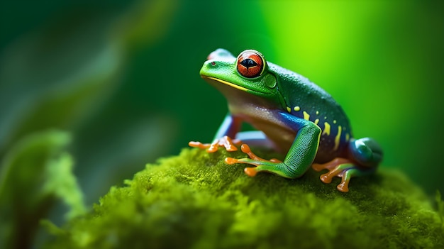 Een groene kikker met rode ogen zit op een tak.