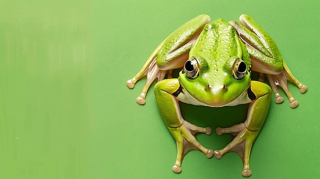 Foto een groene kikker zit op een groen blad de kikker kijkt naar de camera de kikker is in focus en de achtergrond is wazig