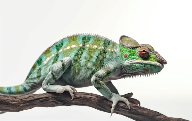 Een groene kleurrijke kameleon zit op een witte achtergrond jungle tropische hagedis ai gegenereerd