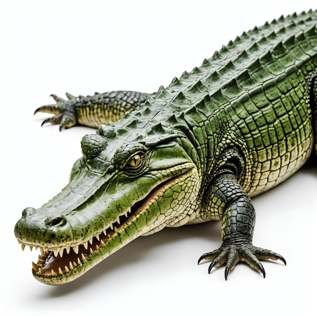 een groene krokodil met een open mond op een witte achtergrond