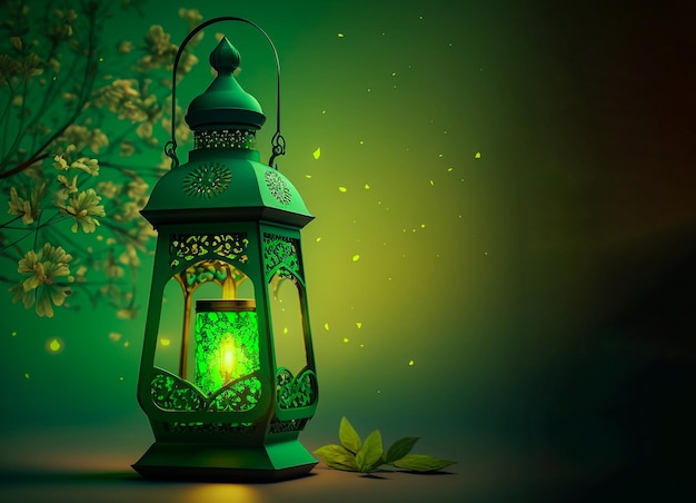 Een groene lantaarn met een groen lampje erop